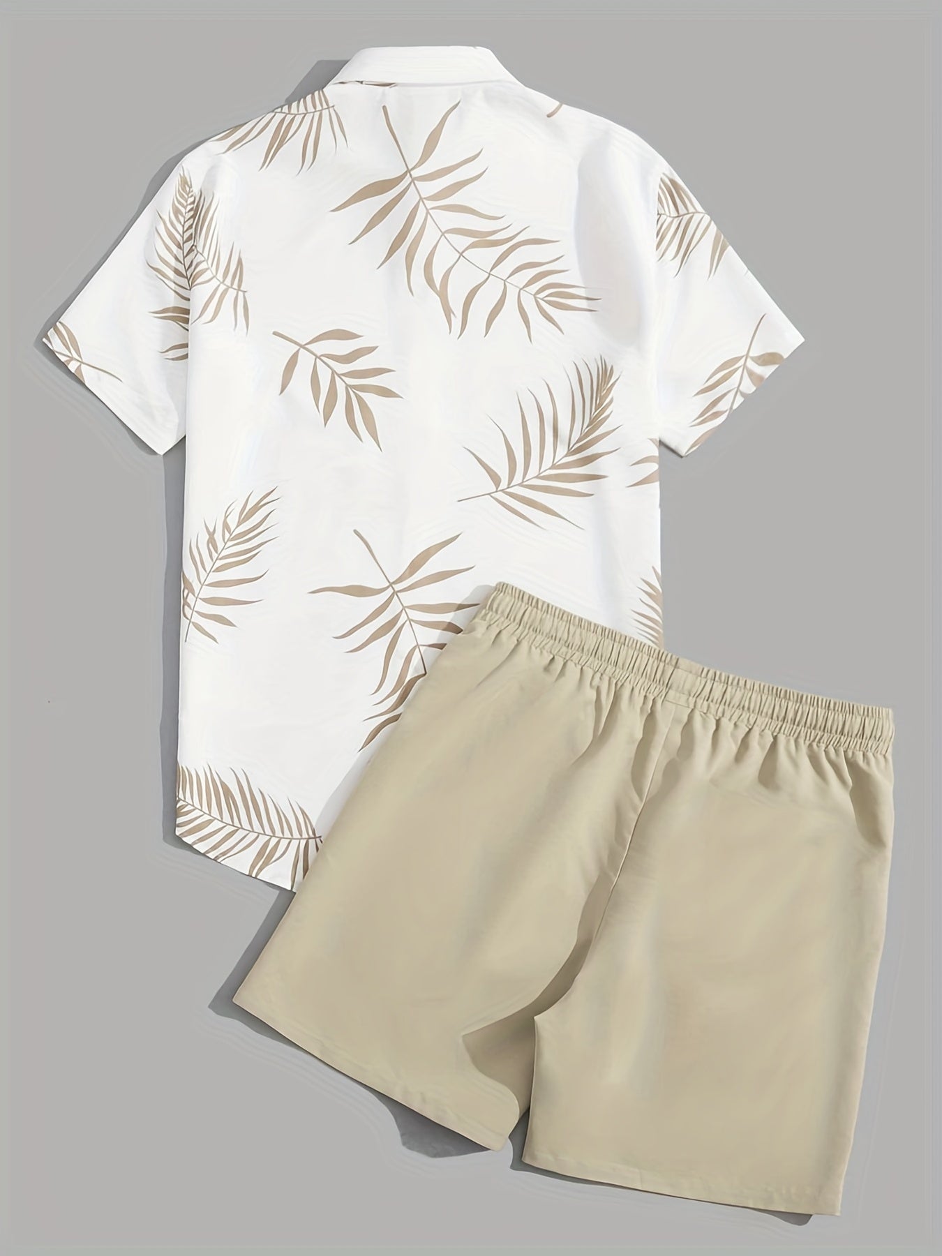 gbolsos  Men's Two-piece Outfits, Leaf Print Button Up Shirt And Drawstring Plain Shorts, Casual Loose Clothing For Summer