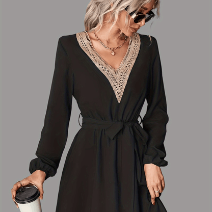gbolsos  Solid V Neck Belted Dress, Casual Long Sleeve Dress For Spring & Summer, Women's Clothing