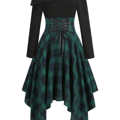 gbolsos  Plaid Asymmetrical Hem Dress, Vintage Cold Shoulder Long Sleeve Dress, Women's Clothing