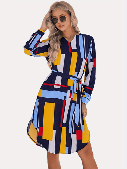 Color Block Belt V Neck Dress, Casual Long Sleeve Dress For Spring & Fall, Women's Clothing