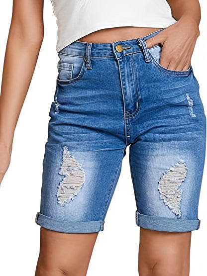 2025 gbolsos  Slim Fit Rolled Hem Bermuda Denim Shorts, Slash Pockets Ripped Mid Waist Denim Jorts, Women's Denim Jeans & Clothing
