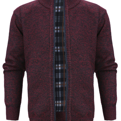 gbolsos  Warm Zip Up Jacket Sweater, Men's Casual Lapel Mid Stretch Slant Pocket Solid Color Cardigan For Fall Winter