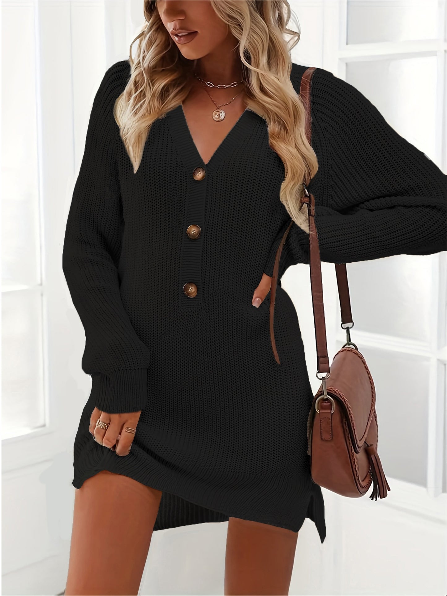 Button Front Sweater Dress, Casual V Neck Long Sleeve Midi Dress, Women's Clothing
