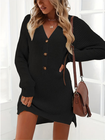 Button Front Sweater Dress, Casual V Neck Long Sleeve Midi Dress, Women's Clothing