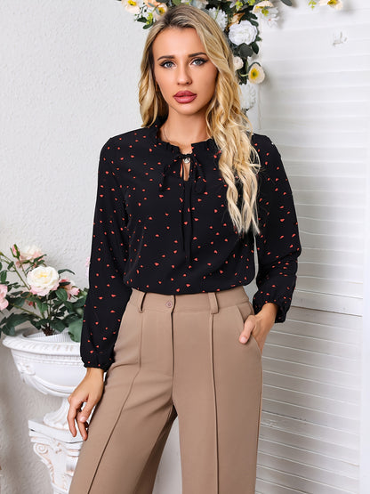 gbolsos  Confetti Heart Print Blouse, Elegant Tie Front Long Sleeve Blouse, Women's Clothing