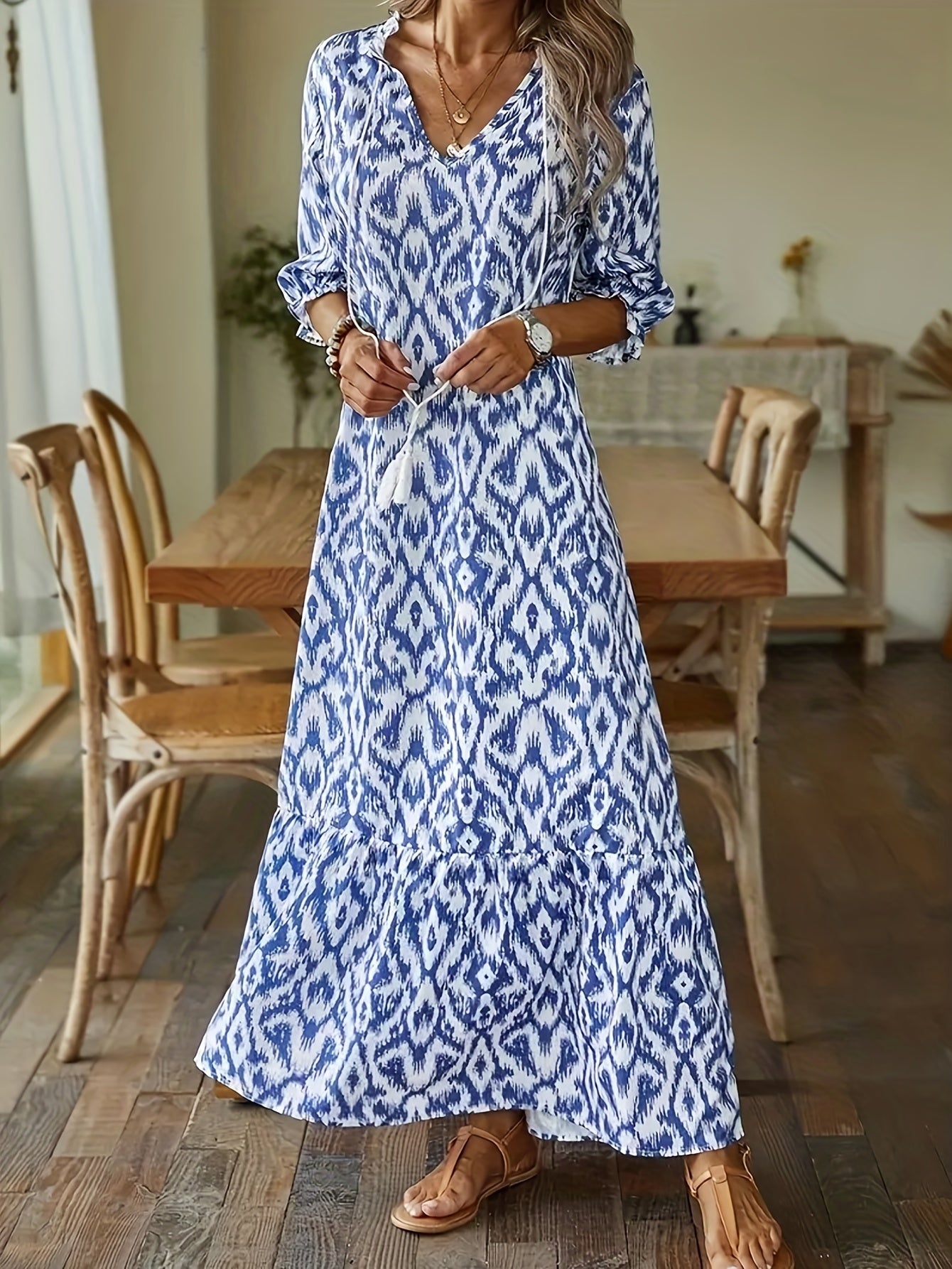 Allover Print Tassel V-Neck Dress, Boho Half Sleeve Dress, Women's Clothing