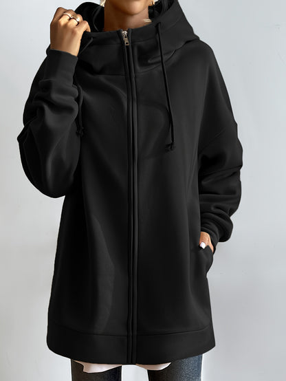 gbolsosSolid Color Casual Sports Hooded Zipper Sweatshirs, Long Sleeve Drawstring Hoodie, Women's Sporty Sweatshirts