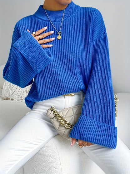 gbolsos  Solid Mock Neck Pullover Sweater, Casual Long Sleeve Drop Shoulder Sweater For Fall & Winter, Women's Clothing