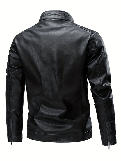 gbolsos  Vintage PU Leather Jacket, Men's Casual Zip Up Stand Collar Faux Leather Jacket For Spring Fall Outdoor