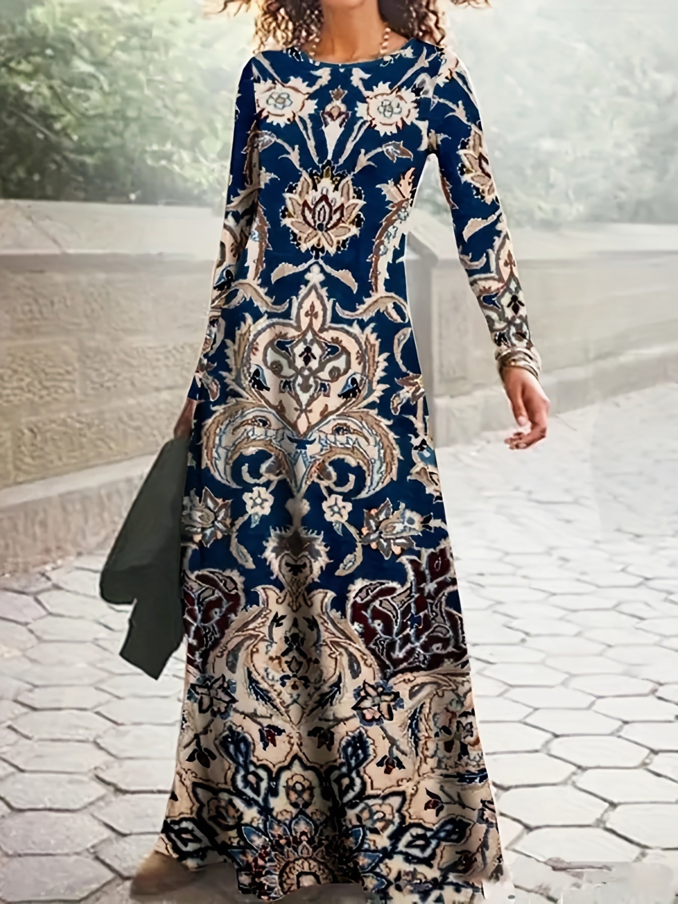 Plus Size Boho Dress, Women's Plus Floral Print Long Sleeve Round Neck High Stretch Maxi Dress