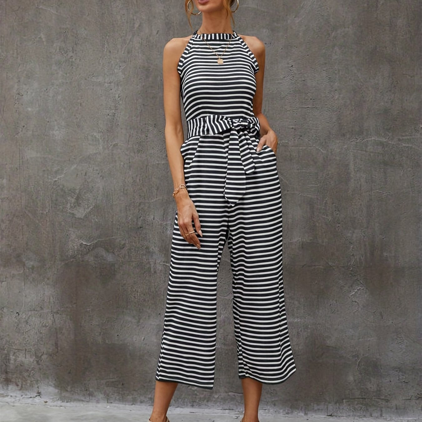 gbolsos  Striped Wide Leg Tie Front Jumpsuit, Boho Sleeveless Jumpsuit For Spring & Summer, Women's Clothing
