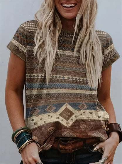 gbolsos  Ethnic Print Crew Neck T-shirt, Casual Western Loose Short Sleeve Summer T-Shirts Tops, Women's Clothing