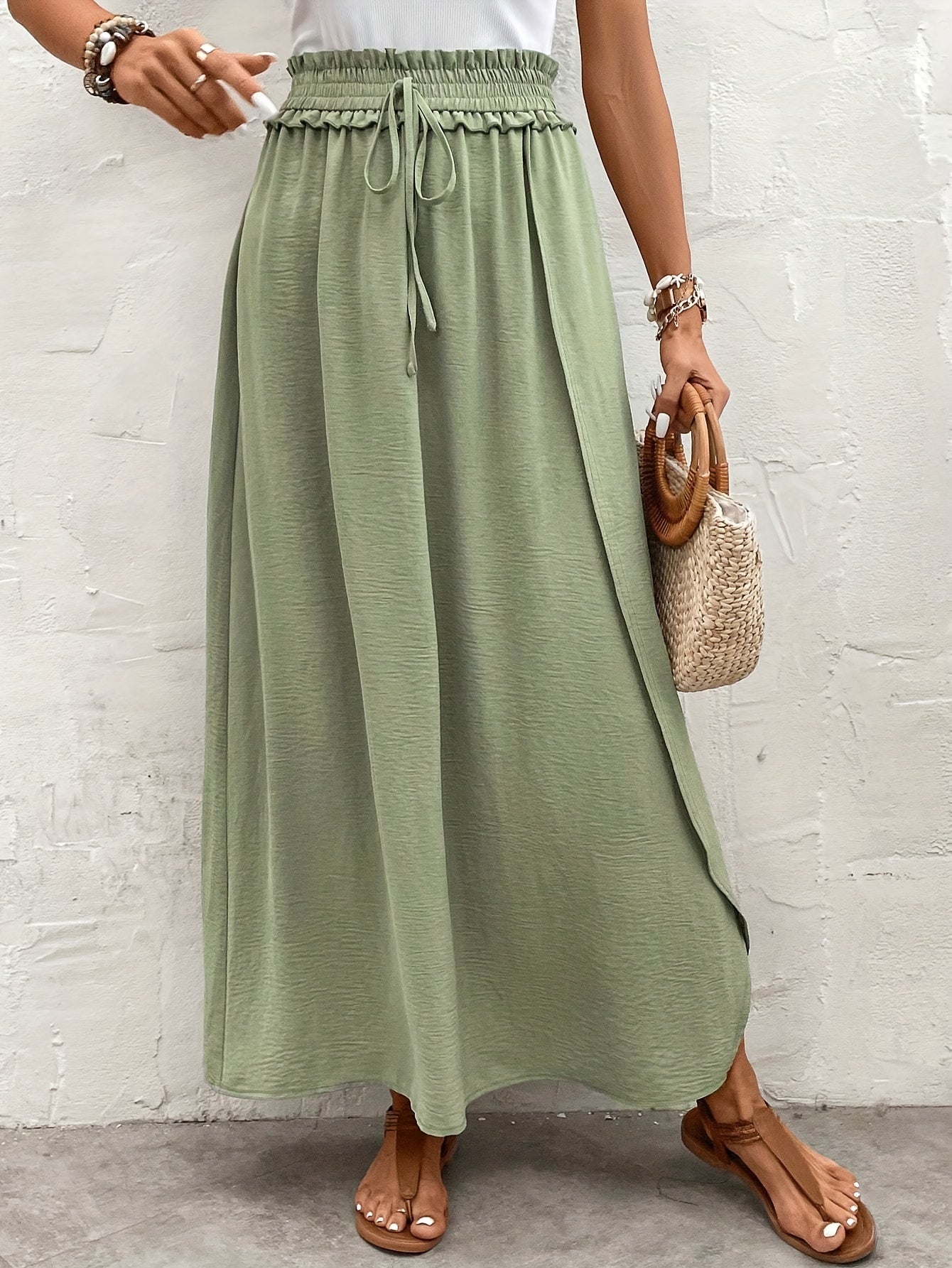 gbolsos  Solid Paper Bag Waist Skirt, Casual Split Beach Maxi Skirt, Women's Clothing
