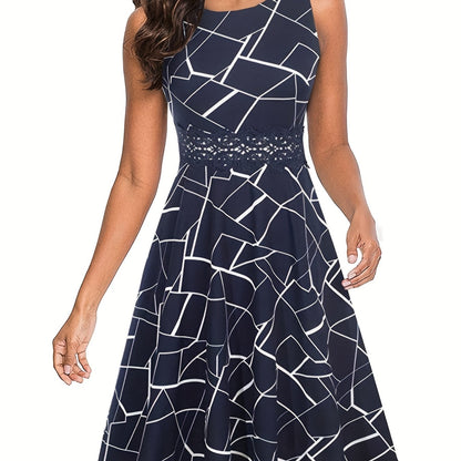 gbolsos  Lace Stitching Solid Dress, Elegant Sleeveless Crew Neck Pleated Tank Dress, Women's Clothing
