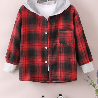 gbolsos  Boys Fashion Plaid Hooded Jacket, Long Sleeve Button Down Hooded Jacket, Kids Clothing