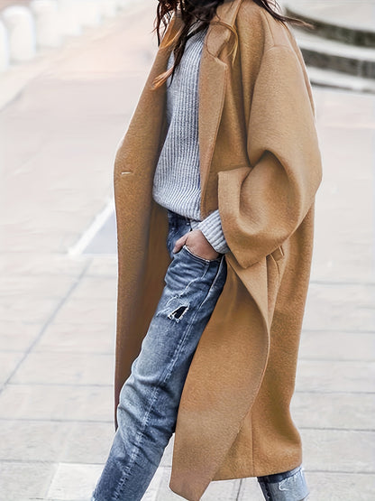 gbolsos  Plus Size Elegant Coat, Women's Plus Solid Long Sleeve Lapel Collar Single Breasted Longline Overcoat