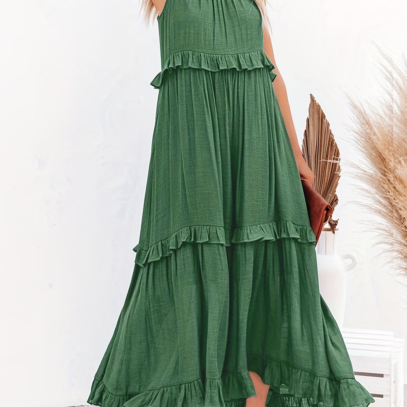 gbolsos  Tiered Ankle Tank Dress, Casual Backless Halter Neck Dress For Summer, Women's Clothing