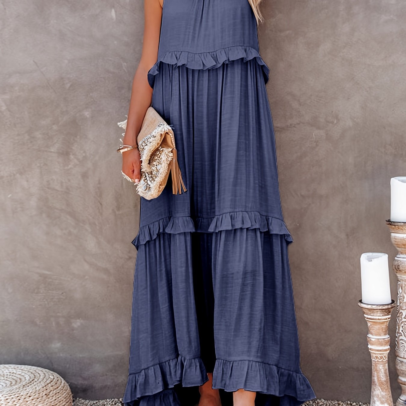 gbolsos  Tiered Ankle Tank Dress, Casual Backless Halter Neck Dress For Summer, Women's Clothing