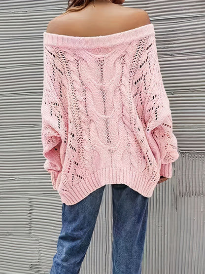 gbolsos  Off Shoulder Cable Knit Sweater, Casual Long Sleeve Sweater For Fall & Winter, Women's Clothing
