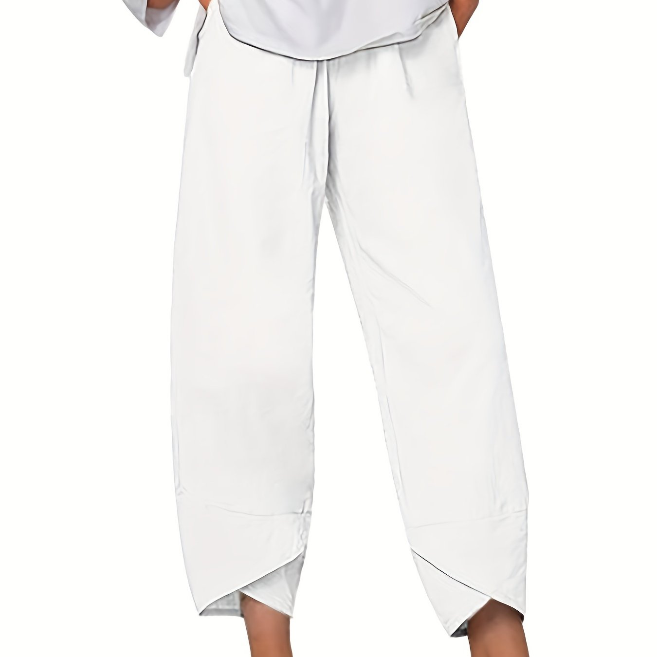 gbolsos  Loose Pocket Pants, Casual Elastic Waist Solid Fashion Comfy Spring & Summer Pants, Women's Clothing