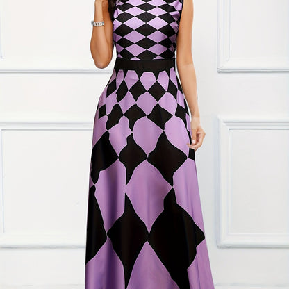 gbolsos  Floral Print A-line Long Dress, Elegant Crew Neck Sleeveless Waist Summer Swing Dresses, Women's Clothing