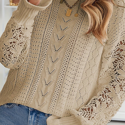 gbolsos  Contrast Lace Eyelet Knit Sweater, Casual Crew Neck Long Sleeve Sweater, Women's Clothing
