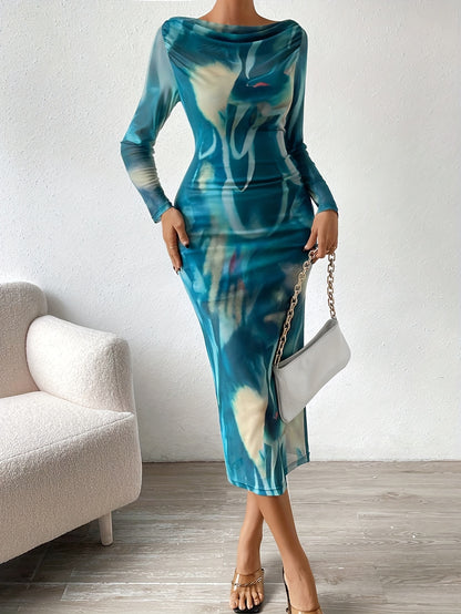 Tie Dye Print Cowl Neck Dress, Elegant Long Sleeve Bodycon Dress, Women's Clothing