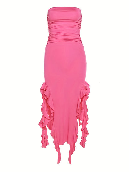 Ruffle Trim Tube Dress, Sexy Split Summer Solid Party Dress, Women's Clothing