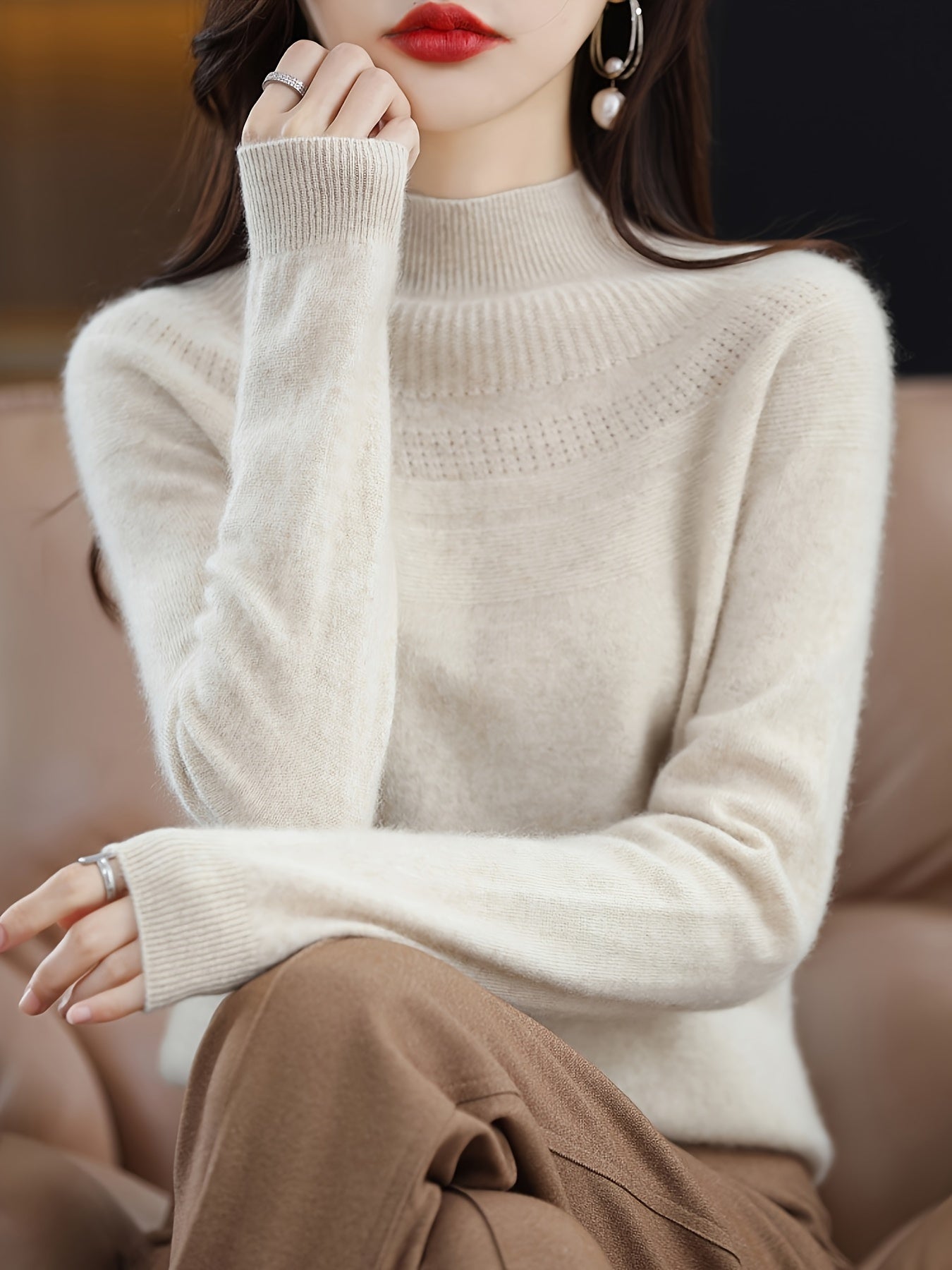 gbolsos  Solid Mock Neck Simple Sweater, Versatile Long Sleeve Knitted Top For Fall & Winter , Women's Clothing