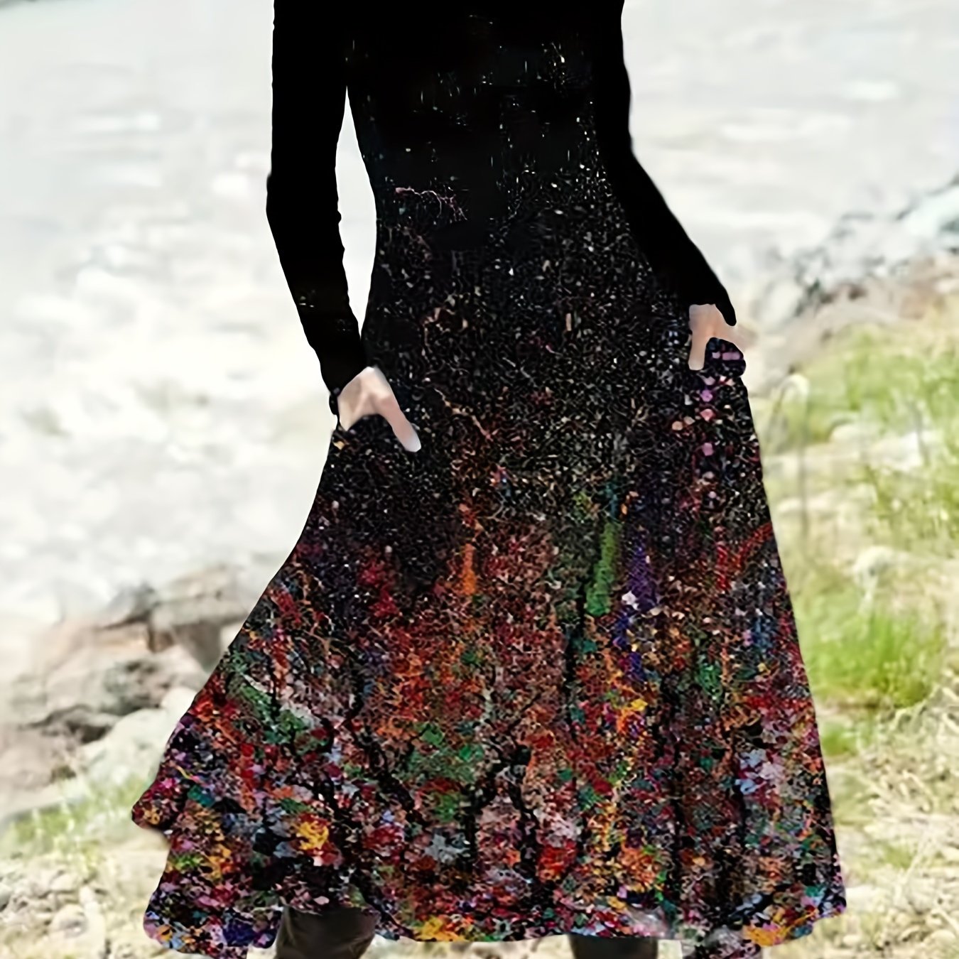 gbolsos  Abstract Print Long Sleeve Dress, Casual Crew Neck A-line Dress For Fall & Winter, Women's Clothing
