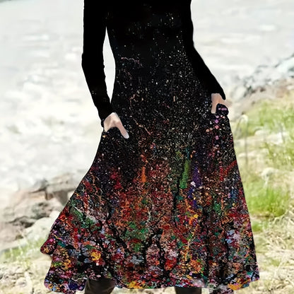 gbolsos  Abstract Print Long Sleeve Dress, Casual Crew Neck A-line Dress For Fall & Winter, Women's Clothing