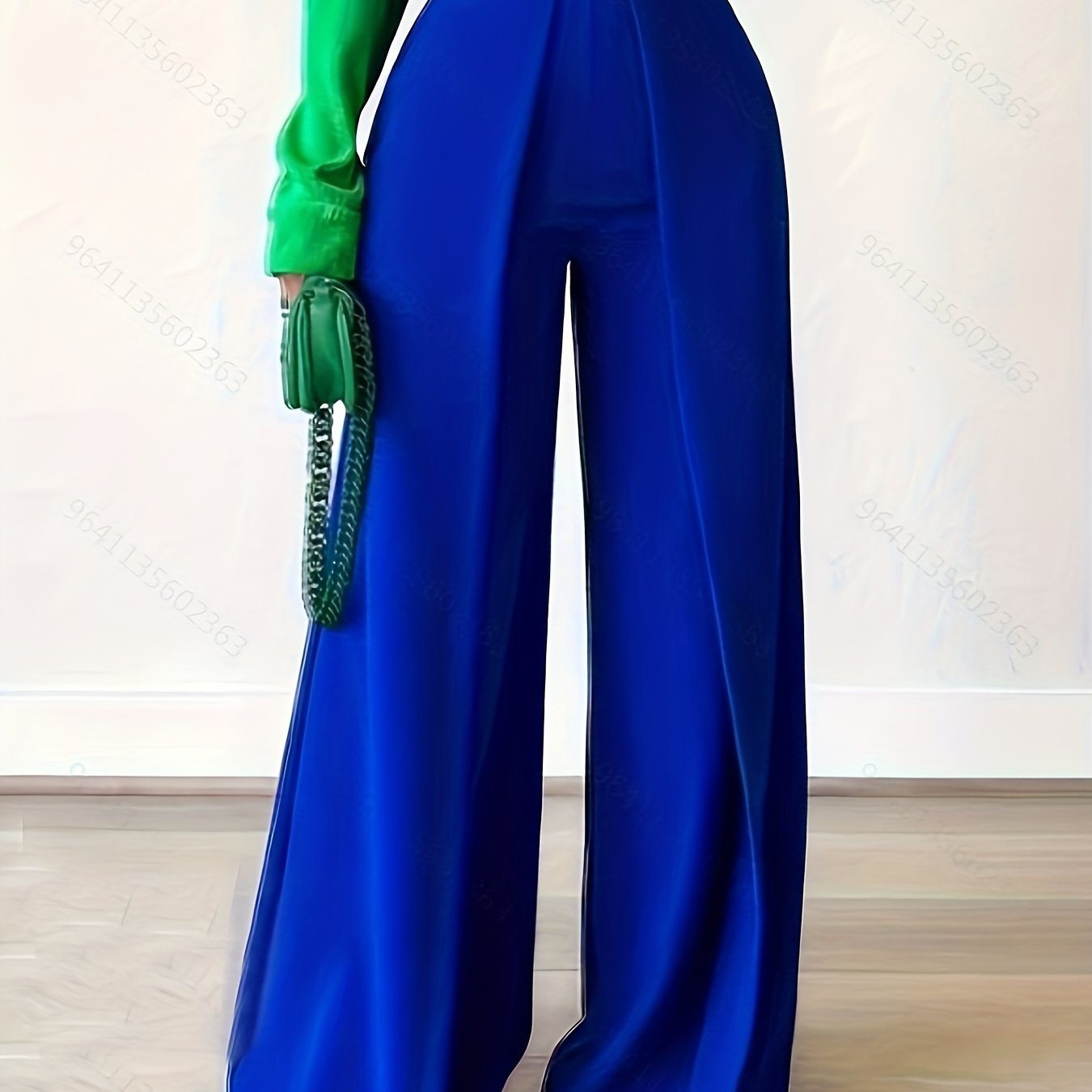 Plus Size Casual Pants, Women's Plus Solid High Rise Slight Stretch Wide Leg Trousers