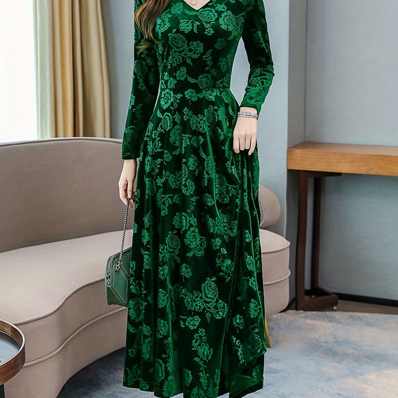 gbolsos  Floral Pattern Maxi Dress, Elegant V Neck Long Sleeve Dress, Women's Clothing