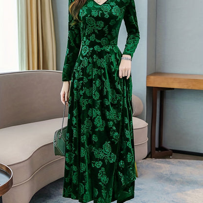 gbolsos  Floral Pattern Maxi Dress, Elegant V Neck Long Sleeve Dress, Women's Clothing