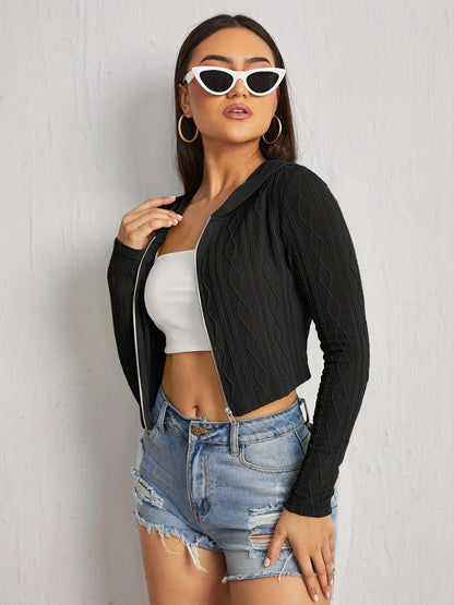 Textured Hooded Jacket, Casual Zip Up Long Sleeve Solid Outerwear, Women's Clothing