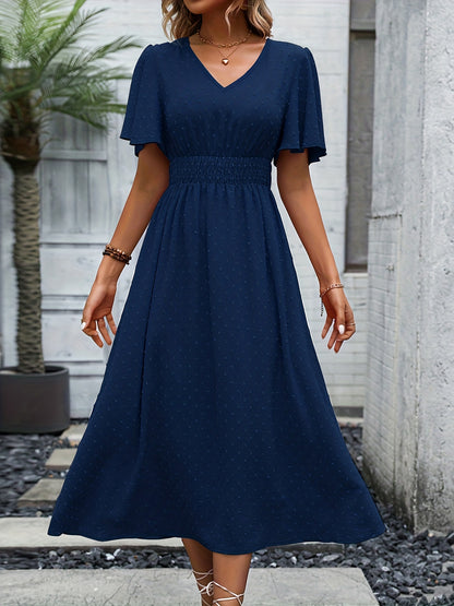 gbolsos  Swiss Dot Flutter Sleeve Dress, Elegant Shirred Waist V-neck Dress For Spring & Summer, Women's Clothing