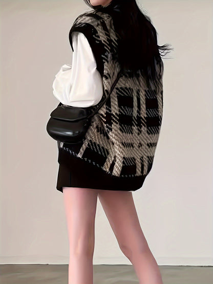 gbolsos Plaid Pattern V Neck Knitted Vest, Casual Sleeveless Loose Sweater For Spring & Fall, Women's Clothing