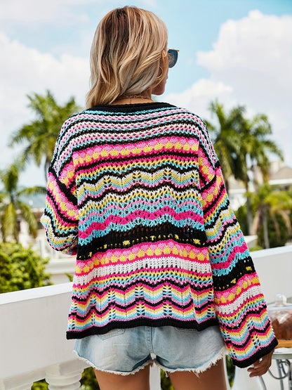 gbolsos  Hollow Striped Knit Sweater, Casual Crew Neck Long Sleeve Sweater, Women's Clothing