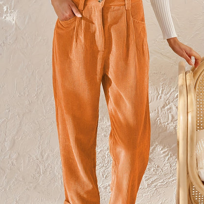 gbolsos Corduroy Straight Leg Pants, Solid High Waist Slant Pocket Pants, Casual Every Day Pants, Women's Clothing