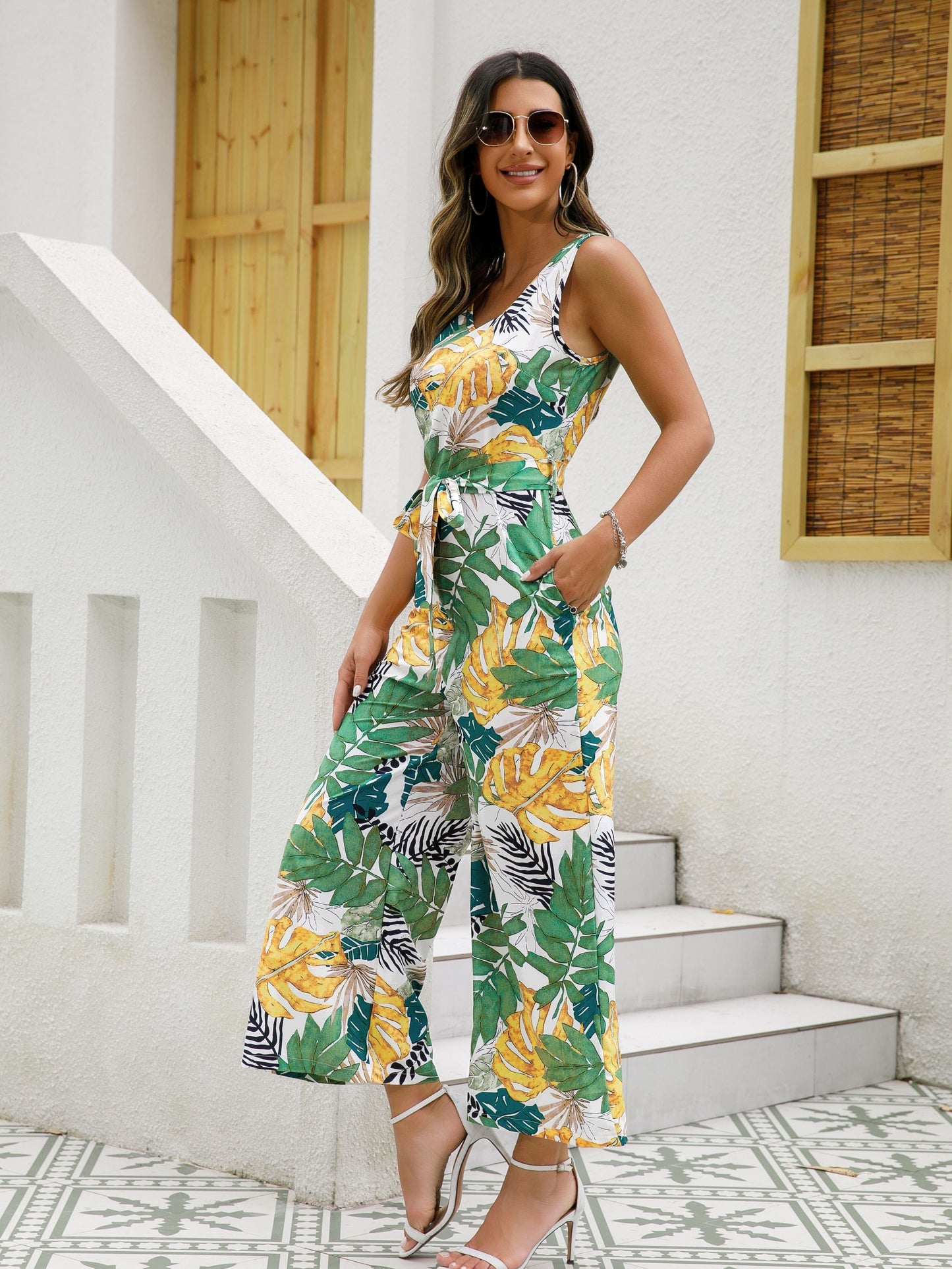 gbolsos  Boho Tropical Print Wide Leg Jumpsuit, Boho V-neck Sleeveless Tank Jumpsuit, Women's Clothing