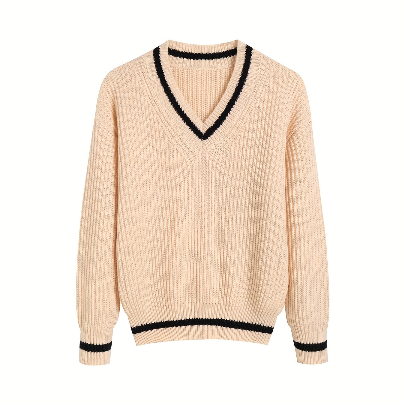 Striped Print Knit Sweater, Casual V Neck Long Sleeve Sweater, Women's Clothing