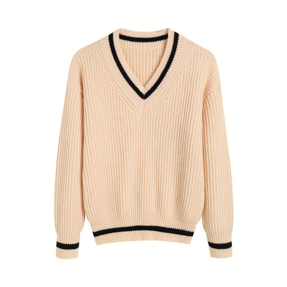 Striped Print Knit Sweater, Casual V Neck Long Sleeve Sweater, Women's Clothing
