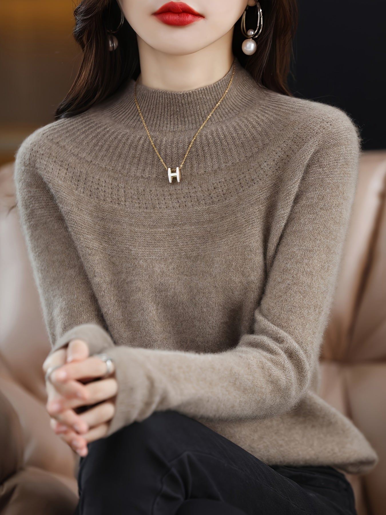 gbolsos  Solid Mock Neck Simple Sweater, Versatile Long Sleeve Knitted Top For Fall & Winter , Women's Clothing