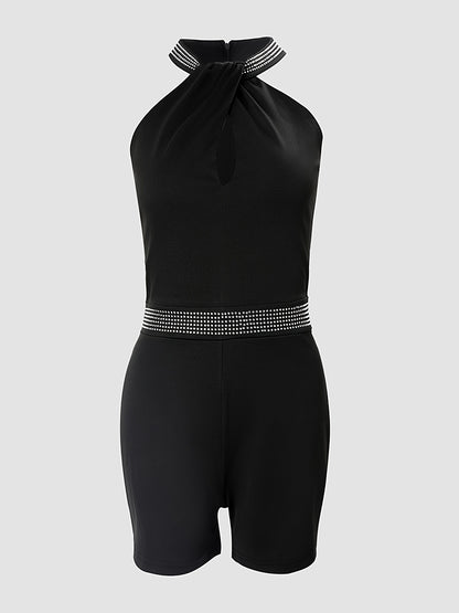 2025 gbolsos  Glitter Rhinestone Keyhole Romper, Casual Sleeveless Summer Party Club Romper, Women's Clothing