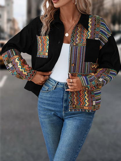 Patchwork Print Patched Pockets Jacket, Ethnic Color Block Single Button Jacket, Women's Clothing