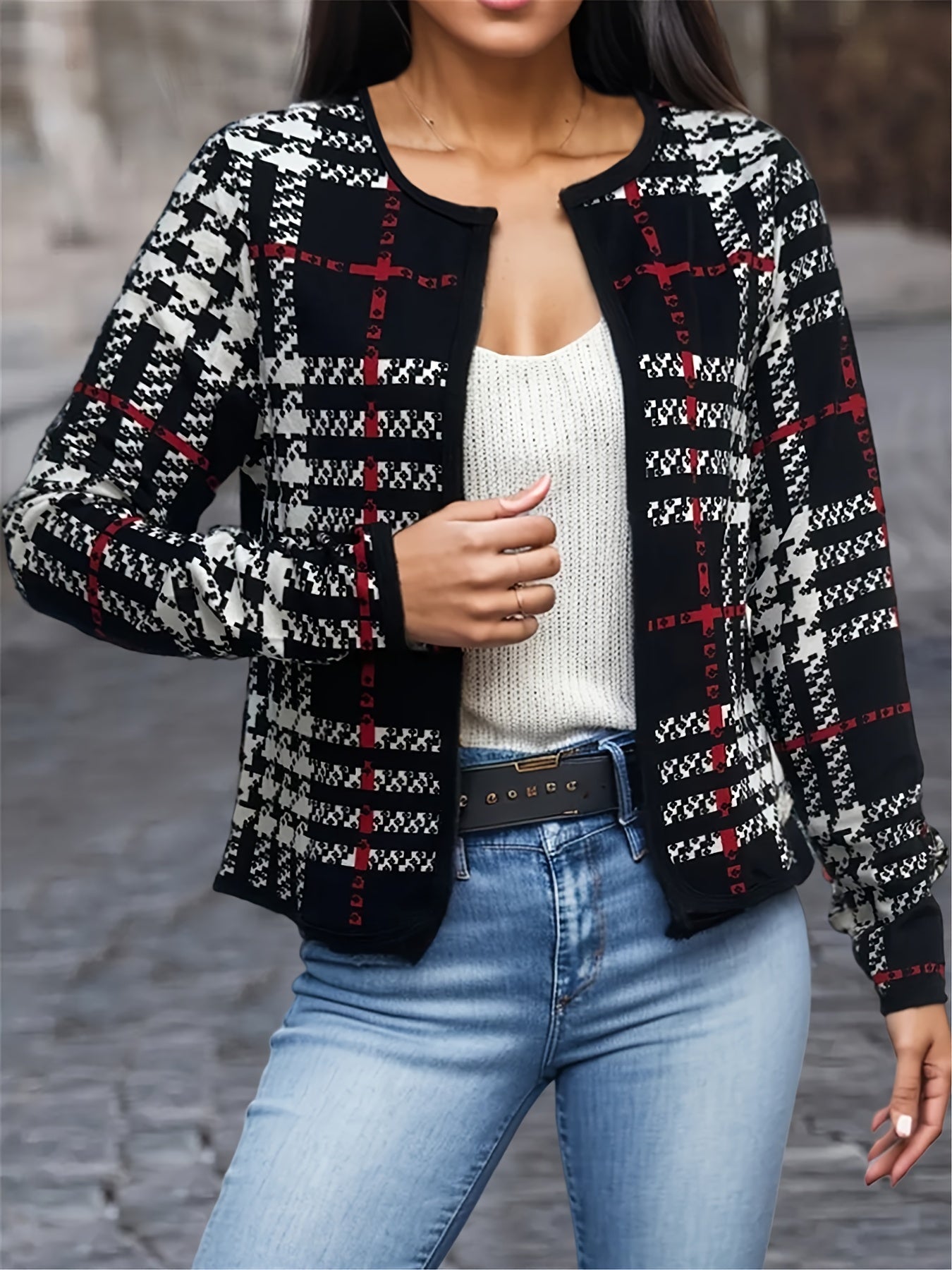 gbolsos Houndstooth Print Jacket, Casual Open Front Crew Neck Long Sleeve Outerwear, Women's Clothing
