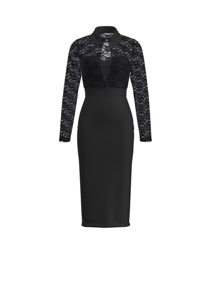 Cut Out Contrast Lace Dress, Elegant Solid Long Sleeve Dress, Women's Clothing