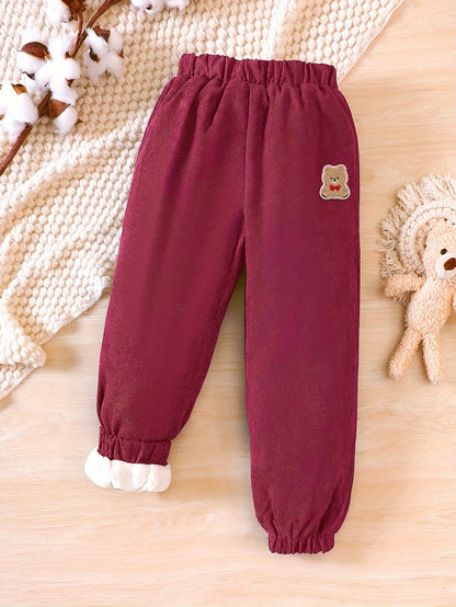 gbolsos  Toddler Girls Fleece Lined Corduroy Jogger Pants Cute Bear Embroidery Elastic Waist For Winter