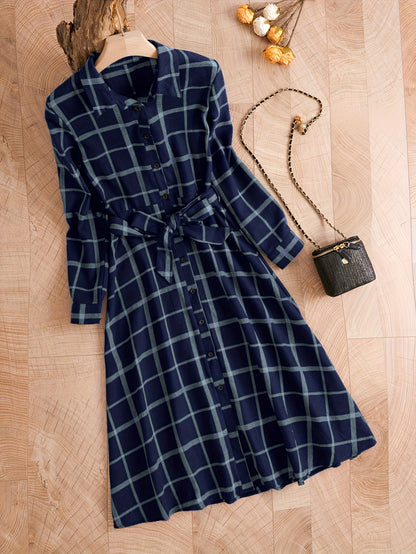 gbolsos  Plaid Print Button Front Dress, Elegant Long Sleeve Dress, Women's Clothing