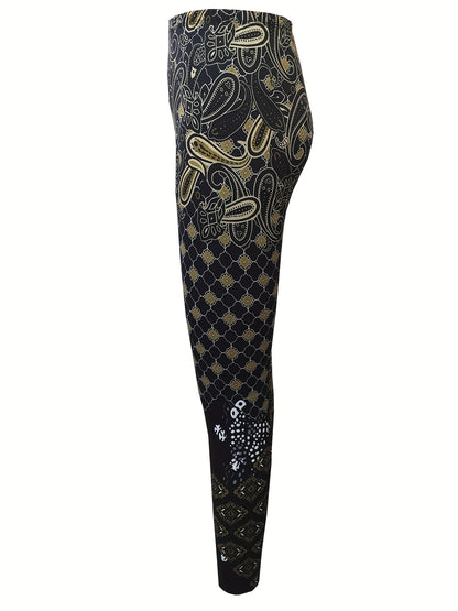Allover Print Skinny Leggings, Vintage Elastic Waist Stretchy Leggings, Women's Clothing